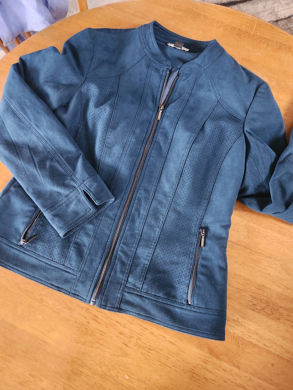 Northern Reflections Teal Faux Suede Zip Up Jacket | Peacock Blue Moto Style - Picture 6 of 10